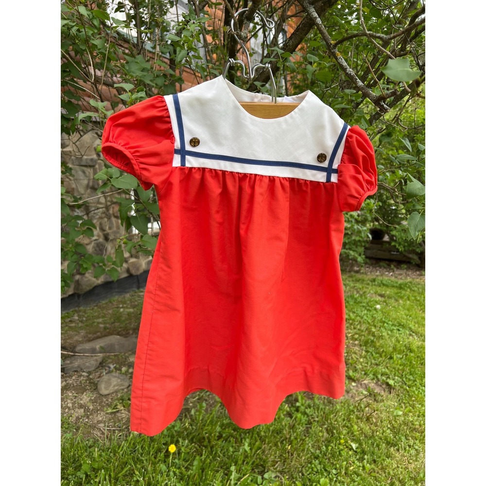 1970s Girls 5 Nautical Summer Dress  Vintage Red Sailor Style